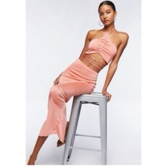 2 Piece Coral Skirt Set Womens Sz Small Stretch Summer Party Cocktail Rooftop - Picture 7 of 7